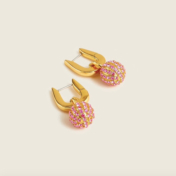 J Crew Pavé Ball Huggie Hoop Gold-plated Earrings in Decorative Pink Glass - Picture 1 of 1